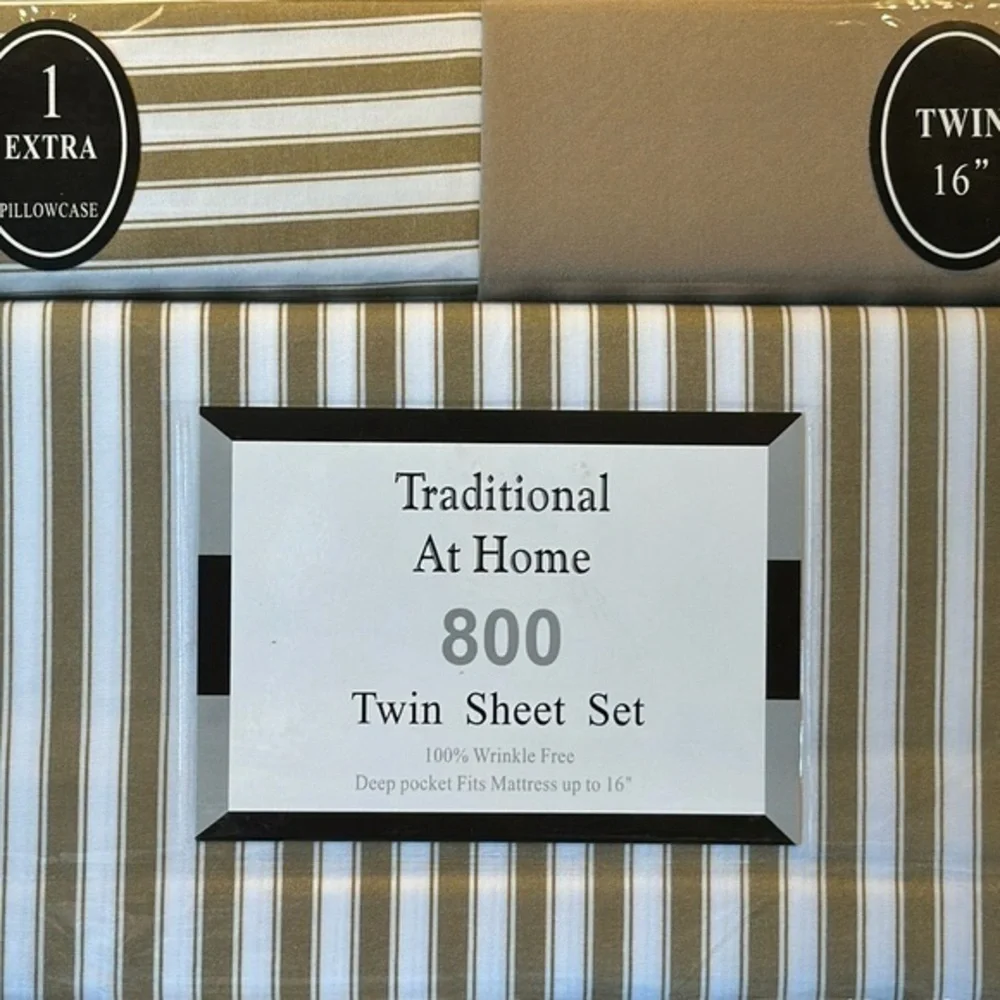 Traditional At Home 4 pc Twin Sheet Set Taupe and white stripes.